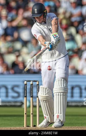 Birmingham, UK. 26th July, 2024. Zak Crawley of England hits the ball for four runs during the 3rd Rothesay Test Match Day One match England vs West Indies at Edgbaston, Birmingham, United Kingdom, 26th July 2024 (Photo by Mark Cosgrove/News Images) in Birmingham, United Kingdom on 7/26/2024. (Photo by Mark Cosgrove/News Images/Sipa USA) Credit: Sipa USA/Alamy Live News Stock Photo