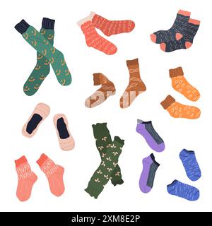 Collection of trendy cotton, sports, woolen socks. Stock Vector