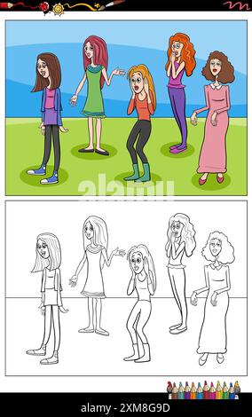 Cartoon illustrations of funny young women or girls characters group coloring page Stock Vector