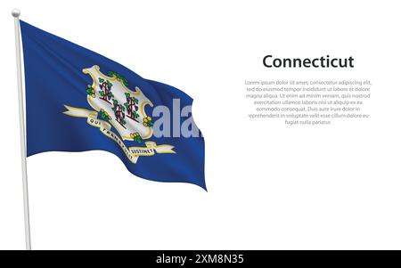 Isolated waving flag of Connecticut is a state United States on white background. Stock Vector