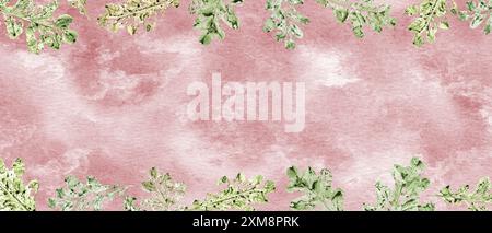 Watercolor background with autumn oak leaves. Green fall delicate green and beige leaf imprints. Backdrop in muted pink tones. Hand drawn illustration Stock Photo