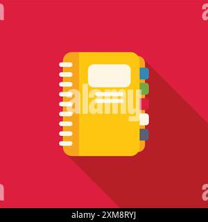 Minimalist flat lay photo of a yellow notebook with colorful bookmarks lying on a red background Stock Vector
