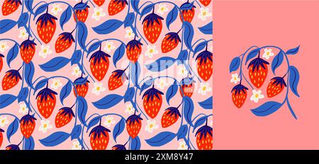 Strawberry retro coquette cute seamless pattern repeat of handdrawn, leaves and flowers Stock Vector