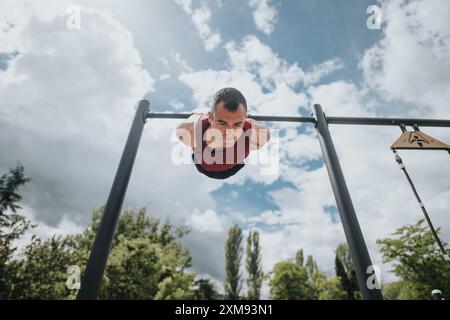 Focused athlete performing pull-ups in an urban park under a sunny sky Stock Photo