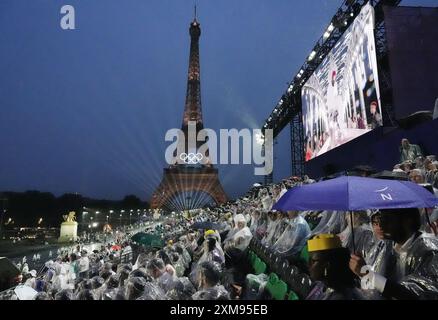 Paris, France. 26th July, 2024. The Eiffel Tower is seen at the Opening Ceremony of the Paris 2024 Olympic Games in Paris, France, on Friday, July 26, 2024. Over 10,000 athletes from 206 countries will compete in the summer Olympic games, which take place from July 26 to August 11. Photo by Richard Ellis/UPI Credit: UPI/Alamy Live News Stock Photo