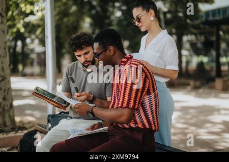 Diverse group of professionals discussing documents in an outdoor meeting Stock Photo