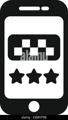 Black and white icon of a smartphone showing a taxi app interface with a five star rating Stock Vector