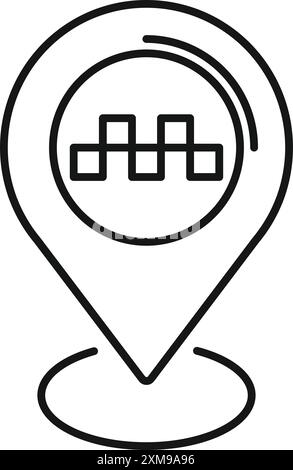 Black and white icon of a map pin with a taxi cab sign inside, locating a taxi stand Stock Vector