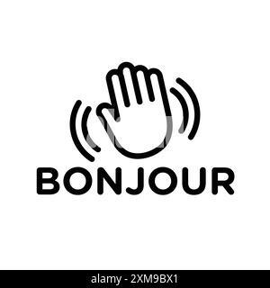 Bonjour text with hand wave icon linear logo mark set collection in black and white for web Stock Vector