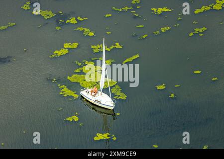 Luftbild, Kemnader Stausee mit Elodea, Wasserpest, Algenblüte, Segelboote und Stand-Up Paddeler, Witten, Nordrhein-Westfalen, Deutschland ACHTUNGxMINDESTHONORARx60xEURO *** Aerial view, Kemnader reservoir with elodea, waterweed, algae bloom, sailboats and stand up paddlers, Witten, North Rhine-Westphalia, Germany ATTENTIONxMINDESTHONORARx60xEURO Stock Photo