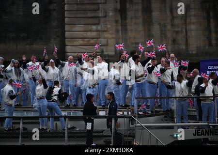 Paris Olympic Games, Paris, France. 26th July, 2024. Opening Ceremony along the Seine River, Paris: The representatives of Team GB on their boat Credit: Action Plus Sports/Alamy Live News Stock Photo