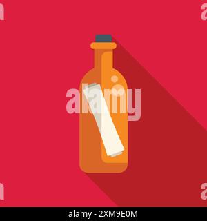 Glass bottle containing message floating on water, simple icon with long shadow on red background Stock Vector