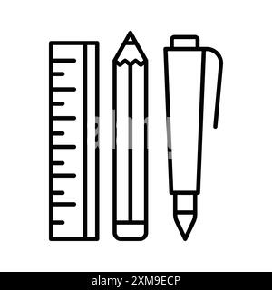 Ruler, pencil and pen icon linear logo mark set collection in black and white for web Stock Vector