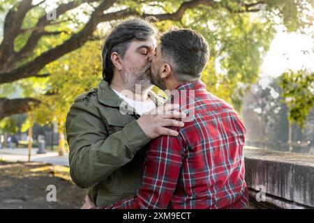 Two married men who are in love are kissing  each Stock Photo