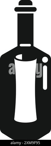 Black glyph icon representing a bottle with a rolled up paper message inside Stock Vector