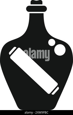 Black silhouette of a bottle with a message inside floating on the sea Stock Vector