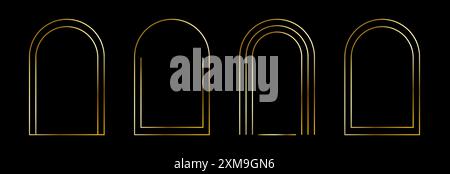 Thin golden arch frame set. Gold arc border collection in art deco style. Thin linear shining curve shape bundle. Brass glowing shiny boarder element pack for photo, cadre, poster, card. Vector Stock Vector