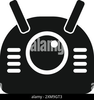 Black and white illustration of a robot head with a big eye and antennas Stock Vector