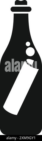 Black silhouette of a bottle with a message inside floating on the sea Stock Vector