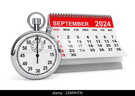 2024 Year September Calendar with Stopwatch on a white background. 3d rendering Stock Photo