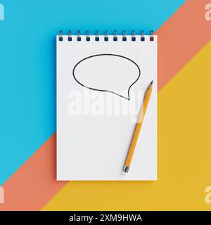 Memo Notepad with Speech Bubble and Pencil on a colorful background. 3d Rendering Stock Photo