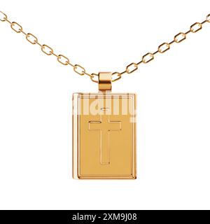 Golden Necklace with Golden Metal Bible Book Amulet Coulomb on a white background. 3d Rendering Stock Photo