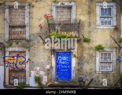 Dilapidated buildings in Lisbon, Portugal’s hilly, coastal capital city. Stock Photo