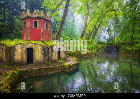 Duck house in Pena Palace Park.The Pena Park is a vast forested area completely surrounding the Pena Palace in Sintra, Portugal. Stock Photo