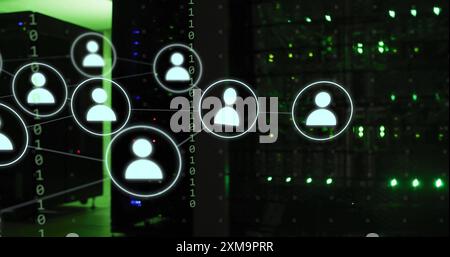 Network of connected user icons image over server room background Stock Photo