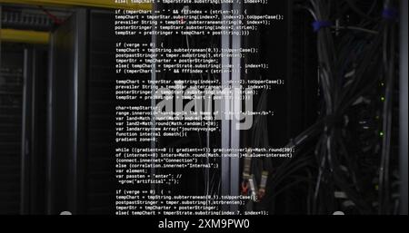 Computer code image over server racks in data center Stock Photo