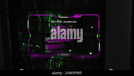 Analyzing information text image over green and black digital matrix background Stock Photo