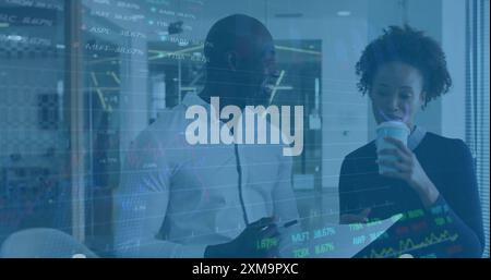 Financial data processing image over business people discussing documents in office Stock Photo
