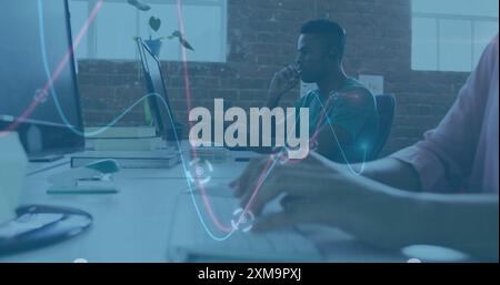Analyzing data image over people working on computers in modern office Stock Photo