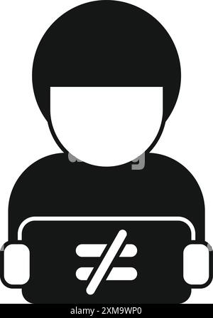 Black and white illustration of the digital divide, with a man holding a tablet computer with an inequality symbol on the screen Stock Vector