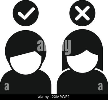 Simple black and white icon of a man and woman with a check mark and cross mark above their heads Stock Vector