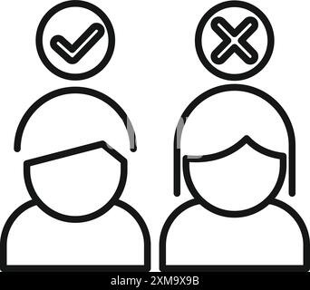 Line drawing of a man and a woman with a checkmark and a cross symbol above their heads, depicting a choice being made Stock Vector