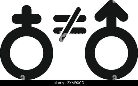 Black and white image showing the concept of gender inequality with male and female symbols separated by unequal sign Stock Vector