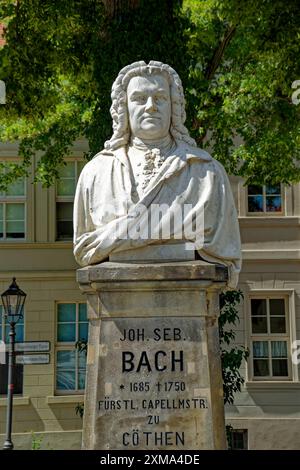 Bach monument by sculptor Heinrich Pohlmann, monument to Johann Sebastian Bach, musician and composer, Bachplatz, Koethen, Saxony-Anhalt, Germany Stock Photo