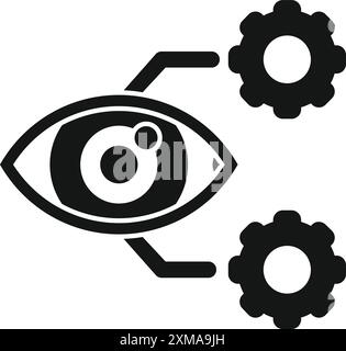 Black and white icon of an eye connected to gears representing the concept of artificial intelligence Stock Vector