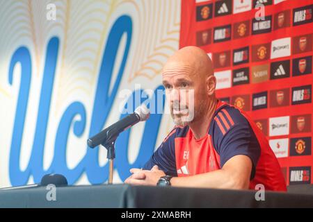 Los Angeles, United States. 26th July, 2024. Manchester United head coach Eric ten Hag speaks at a press conference at UCLA in Los Angeles. The team and Arsenal FC will play in a pre-season friendly football match on Saturday. (Photo by Ringo Chiu/SOPA Images/Sipa USA) Credit: Sipa USA/Alamy Live News Stock Photo