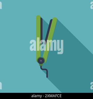 Green hair straightener casting a long shadow on a turquoise background, perfect for beauty and hair care visuals Stock Vector