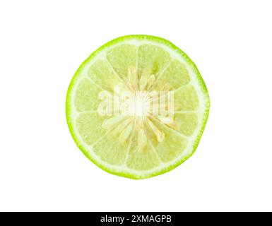 Top view of single fresh green bergamot half is isolated on white background with clipping path. Stock Photo