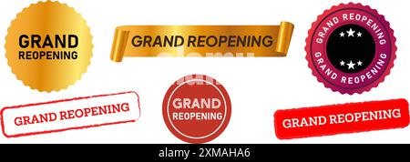 grand reopening stamp watermark icon mark red gold color collection circle ribbon rectangle shapes Stock Vector