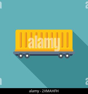 Yellow cargo container on wheels is being transported by train on blue background Stock Vector