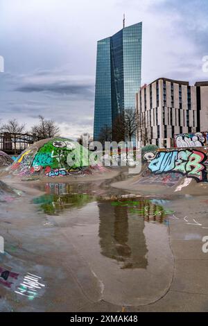 Building of the European Central Bank, ECB, skate park in the rain, at the Osthafen, at the Main in Frankfurt, Hesse, Germany, graffiti Stock Photo