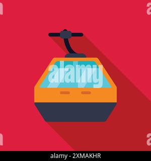 Minimalist flat design illustration of a yellow cable car hanging on a ropeway, isolated on a solid red background Stock Vector