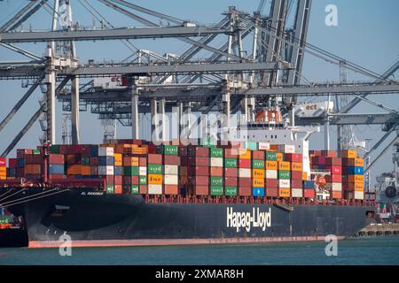 The seaport of Rotterdam, Maasvlakte, Hutchinson ECT-Delta-Terminal, Container Terminal, in the Amazonehaven, container freighter of the shipping Stock Photo