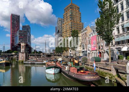 Rotterdam city centre, Oudehaven, historic harbour, historic ships, modern city backdrop, Netherlands Stock Photo