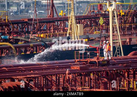 The crude oil tanker HOJO, in the seaport of Rotterdam, in the petroleum harbour, Europoort, ship personnel checking the fire extinguishing Stock Photo