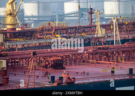 The crude oil tanker HOJO, in the seaport of Rotterdam, in the petroleum harbour, Europoort, ship personnel pipelines, Rotterdam, Netherlands Stock Photo